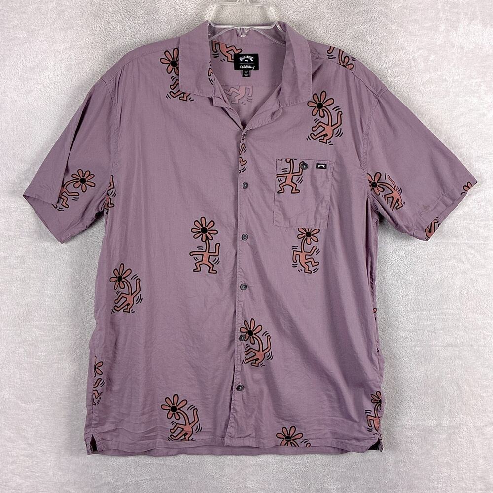 Keith Haring x Billabong Shirt Mens L Purple Pop Art Flower Surf Streetwear 90s